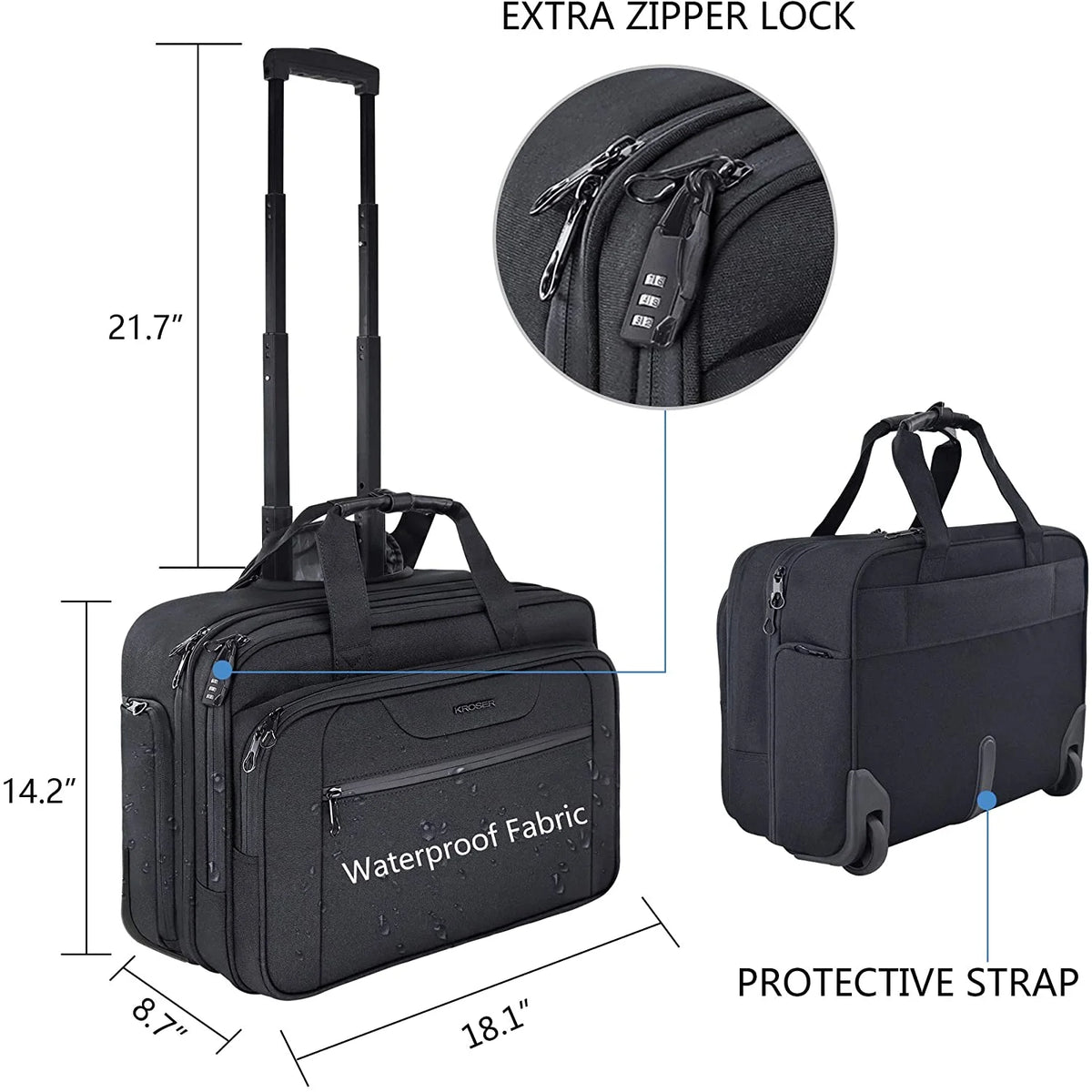 Rolling Laptop Bag Briefcase for 17.3" Laptop, Black T235
