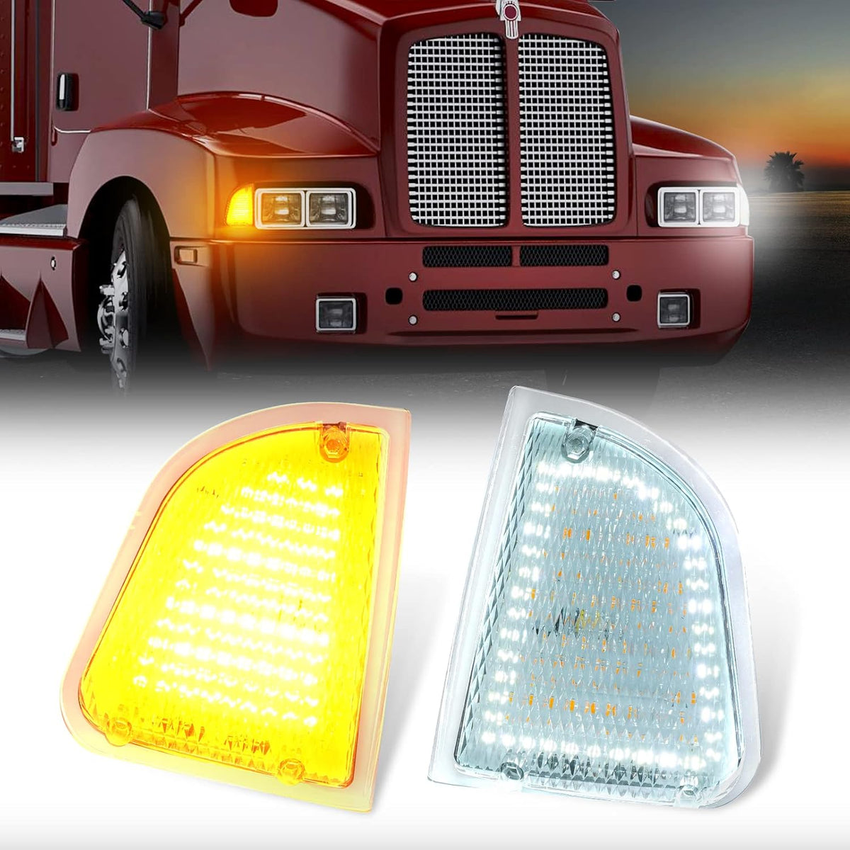 Front LED Turn Signal and Parking Lights Assembly for Kenworth T600 T660 K300 T300 T330, Amber and White, LH & RH, Clear Lens U2617