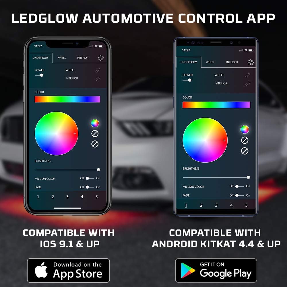 4pc Bluetooth LED Underbody Underglow Kit with Interior Footwell Accent Lighting S13443