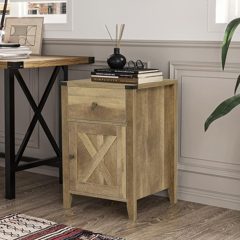 Rustic Oak End Table with Cabinet and Drawer C4238