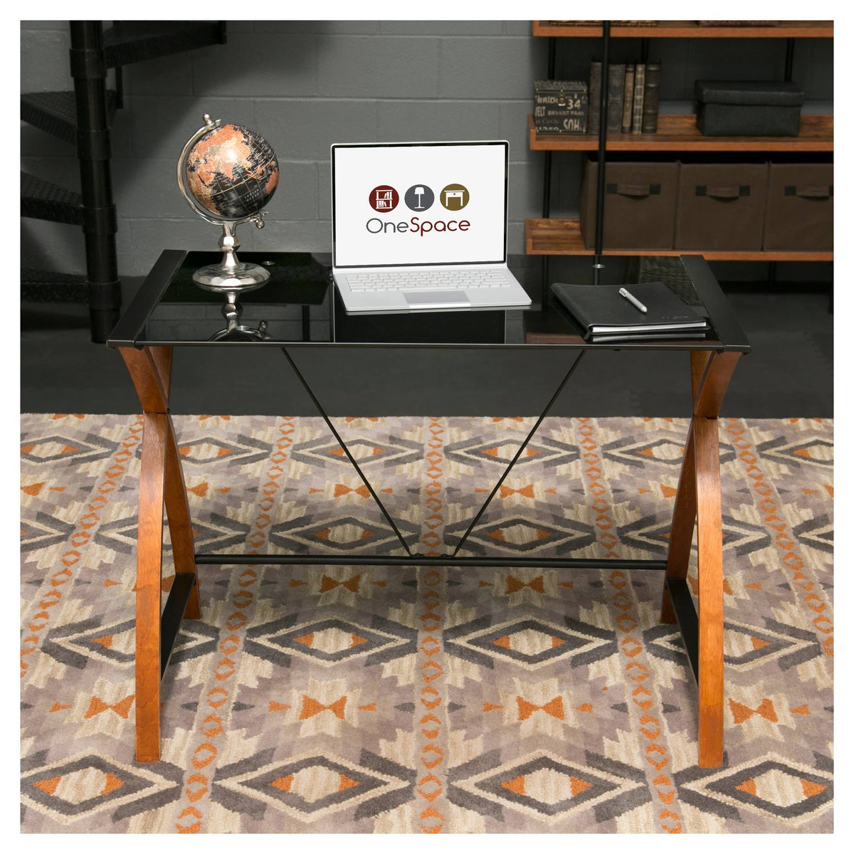 Black Glass and Wood Computer Desk A821133