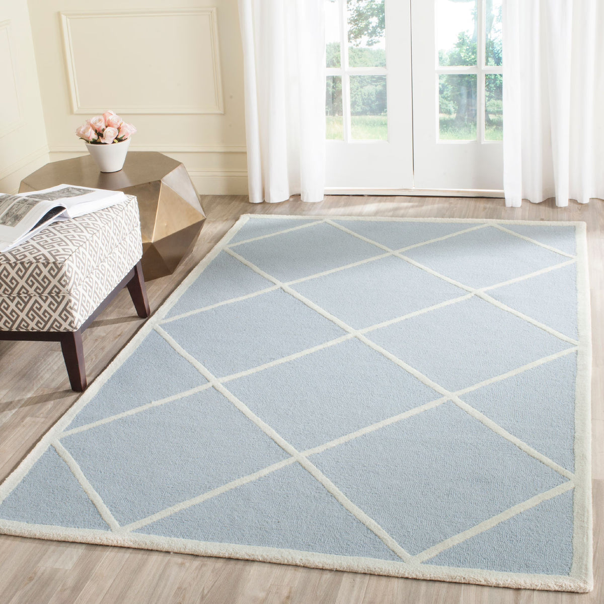 Geometric Diamonds Wool Area Rug, Light Blue/Ivory, 5' x 8' U551186