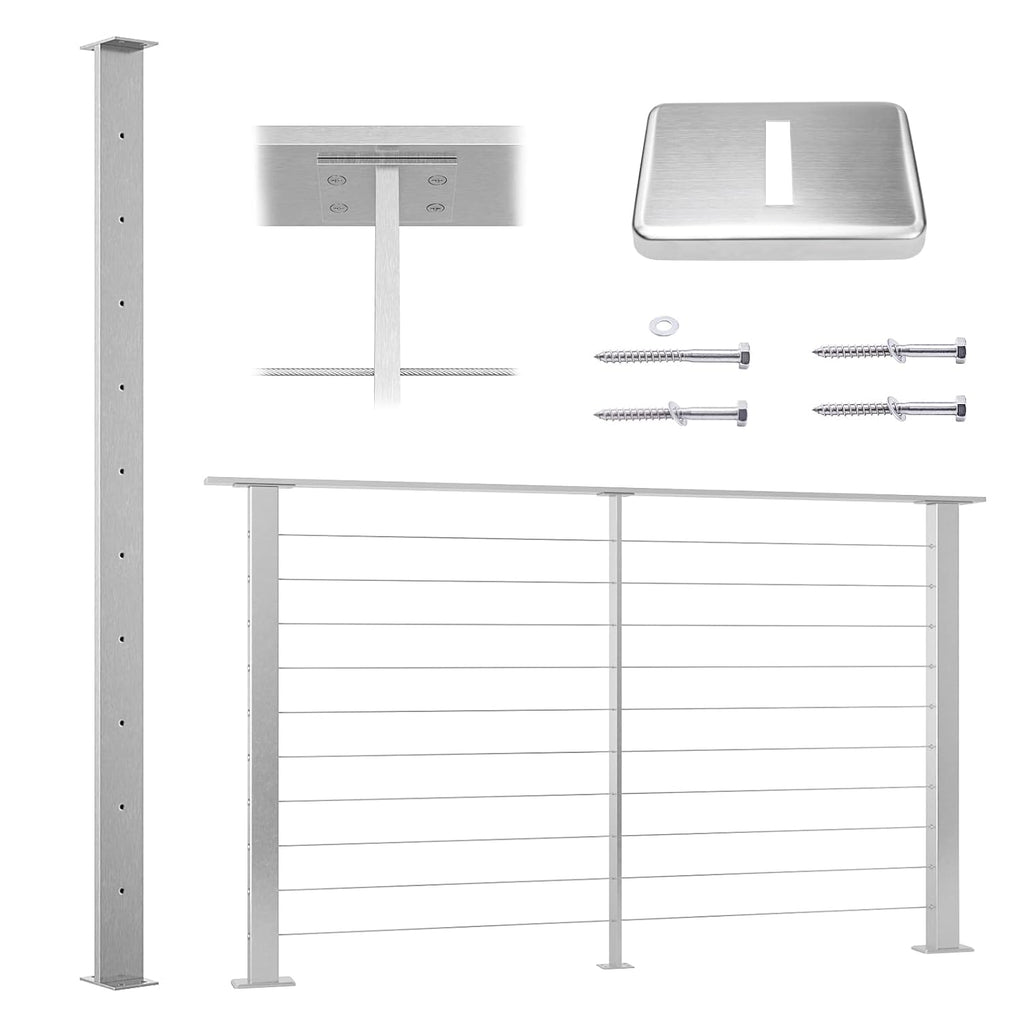 36x3/8x2 Stainless Steel Brushed Pre-Drilled Cable Railing Post H734151