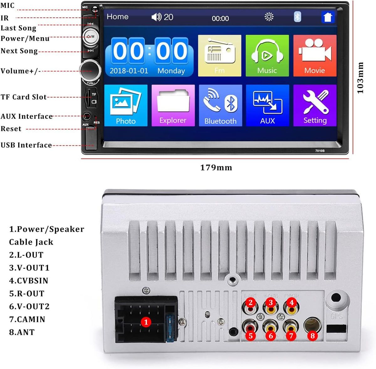 7 Inch Double Din Car Stereo with Bluetooth Touch Screen Car Radio MP5 Player U504419
