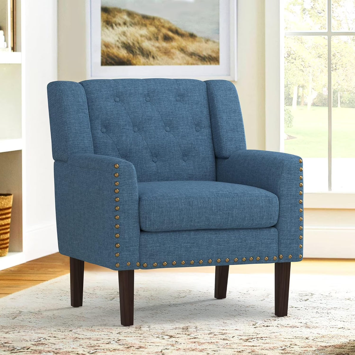 Navy Blue Linen Upholstered Button Tufted Accent Chair Z8531