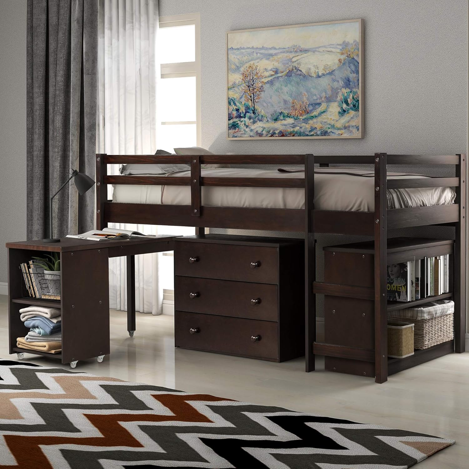 Twin Size Espresso Loft Bed with Desk and Storage Cabinet Q6630