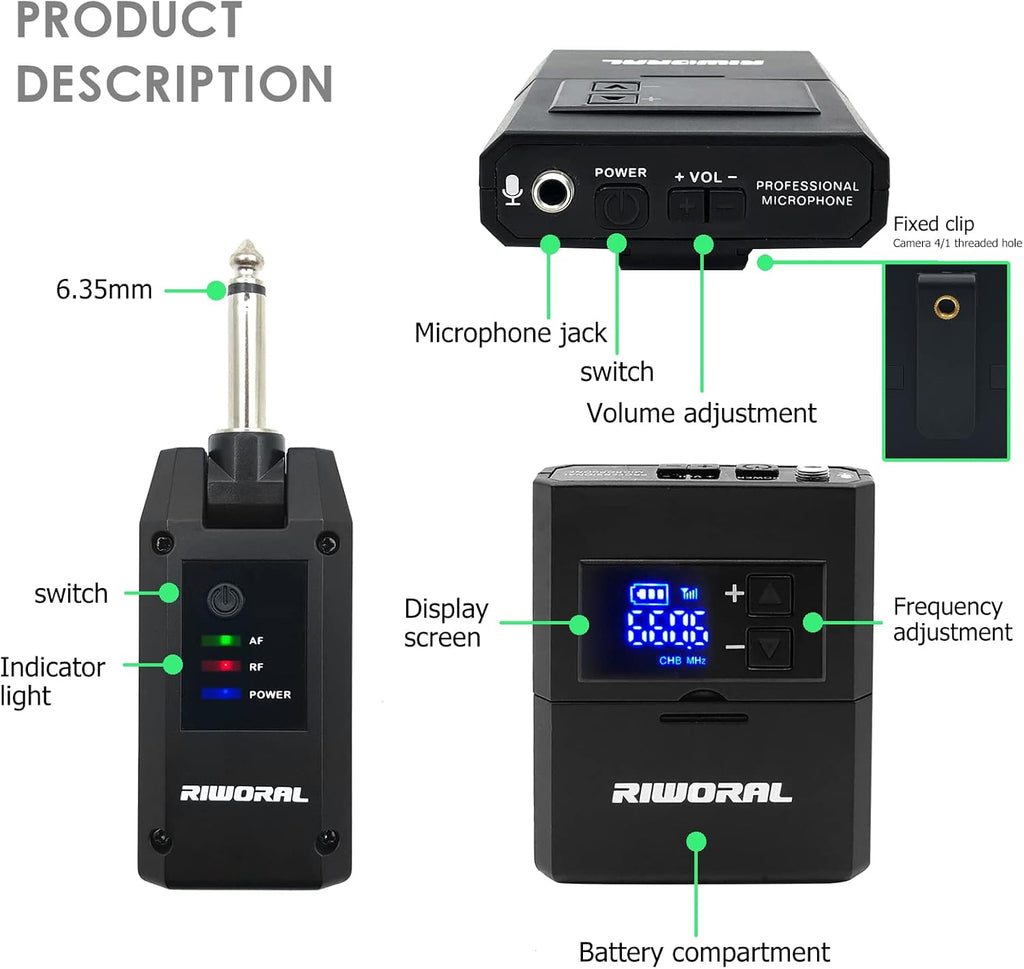 UHF Wireless Microphone System with Lavalier Mic, Headset Mic, Handheld Mic Transmitter & Receiver B195