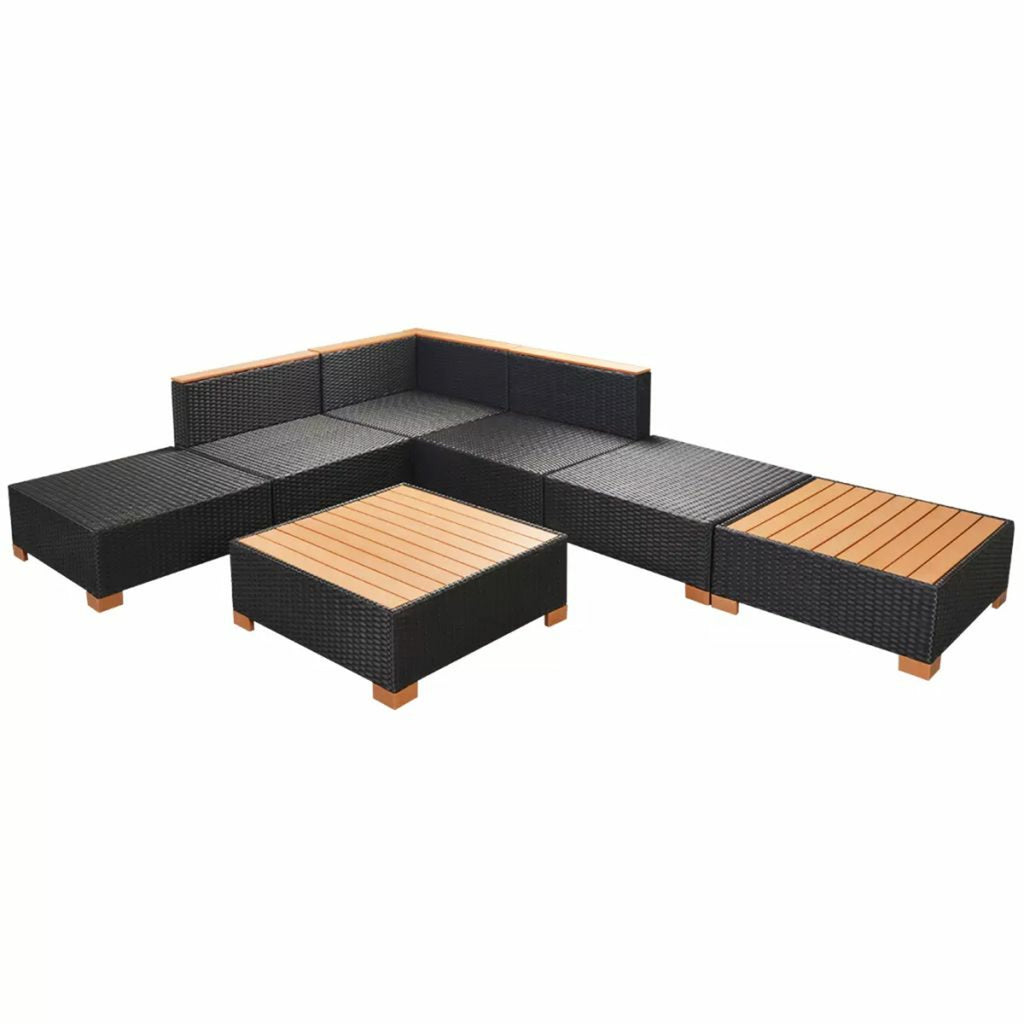 7 Piece Outdoor Sectional Sofa Set with Coffee Table and Ottoman Black Poly Rattan U7953