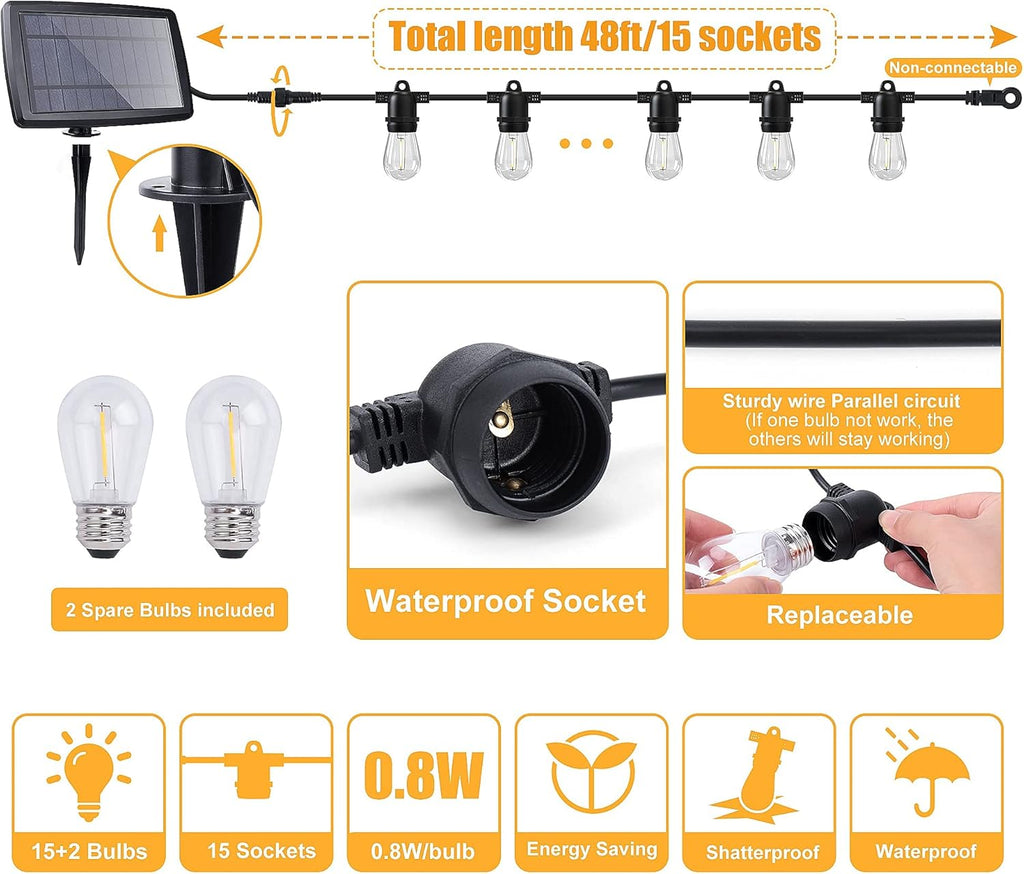 Solar String Lights 15+2 LED Bulbs Waterproof 2700K USB Rechargeable F225649