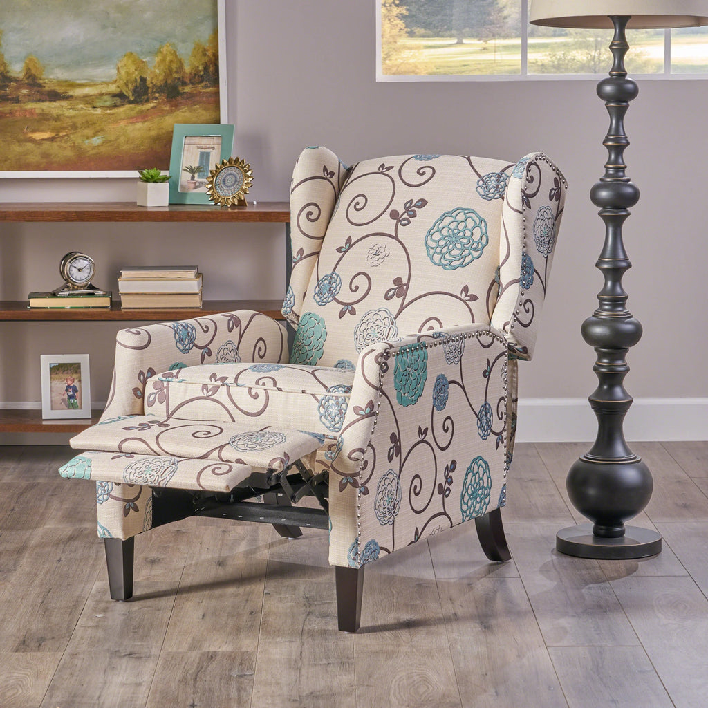 White and Blue Fabric Wing Back Recliner M18865