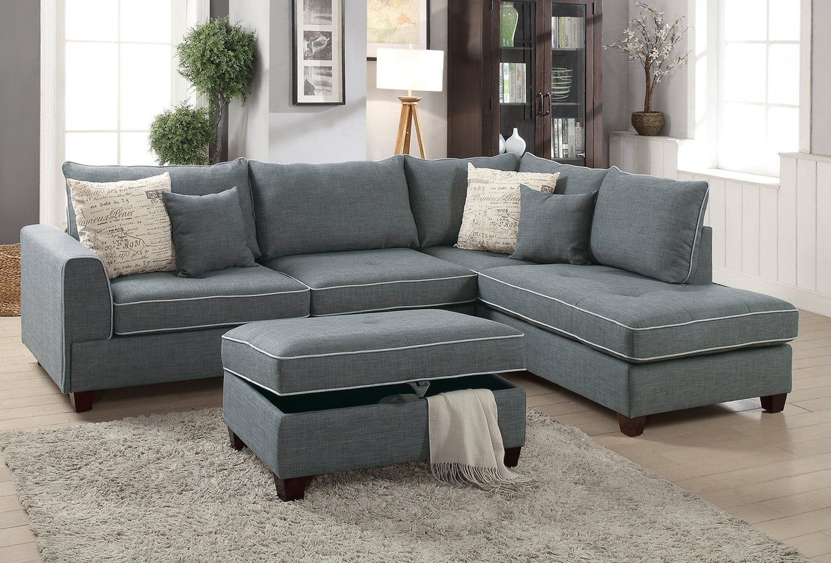 Modern Steel Fabric Reversible Sectional Sofa with 4 Accent Pillows X9136