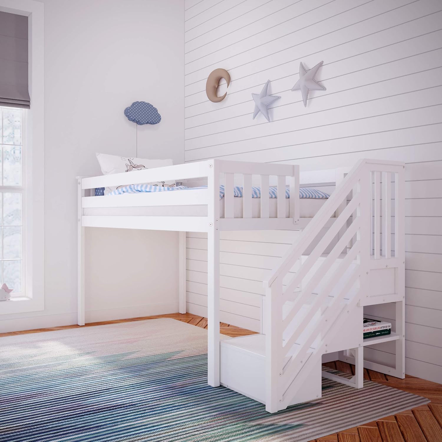 Twin Low Loft Bed with Staircase, White L769555