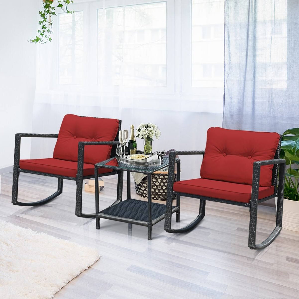3-Piece Red Patio Wicker Bistro Furniture Set with 2 Rocking Chairs B1864
