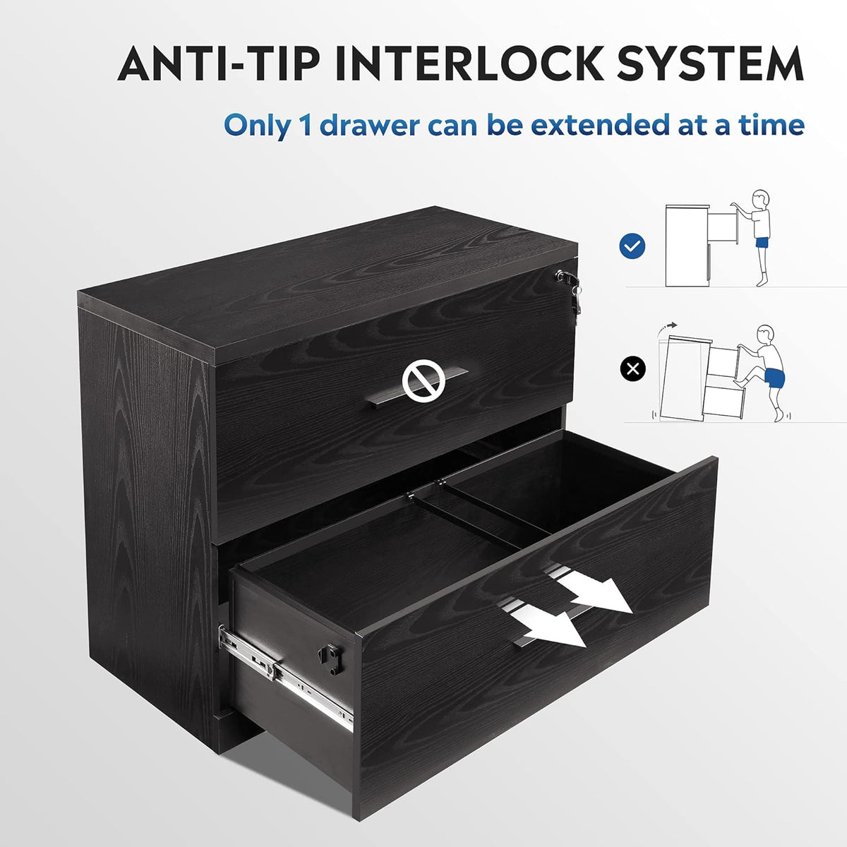 2-Drawer Wood Lateral File Cabinet with Lock, Black L181