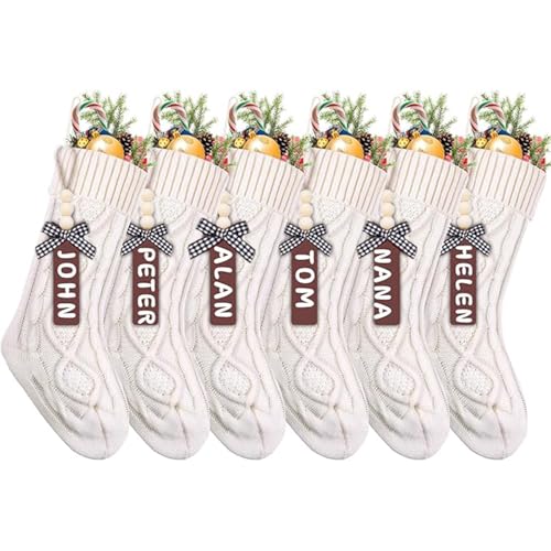 Set of 6 White Red Green 18" Cable Knitted Christmas Stockings with Wooden Name Tags D2479