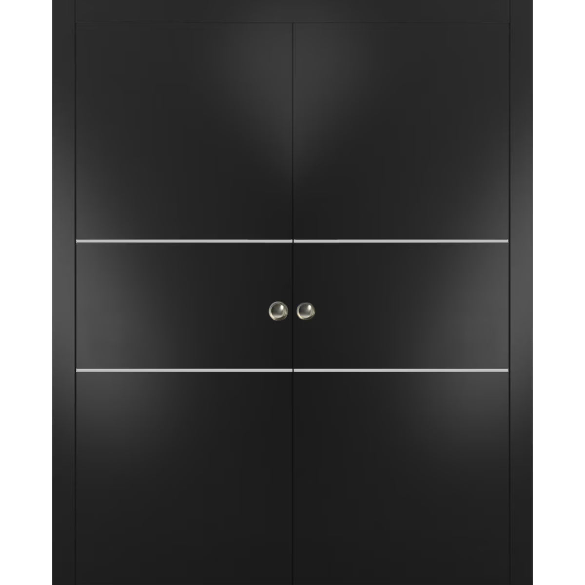 Matte Black Sliding French Double Pocket Doors with Frosted Glass, Solid Wood Interior Doors A8260