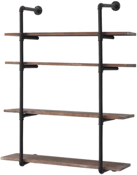 Industrial Pipe Bookcase Shelf Retro Floating Wood Shelving, Weatherd Brown C263