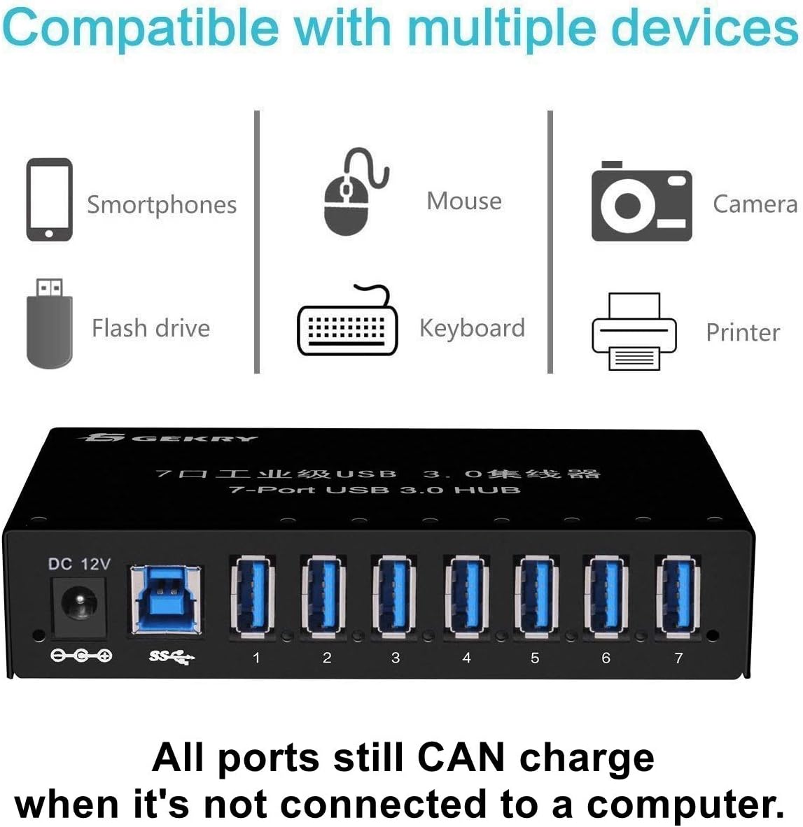 7-Port Powered USB 3.0 Hub with 12V/3A AC Adapter J8825