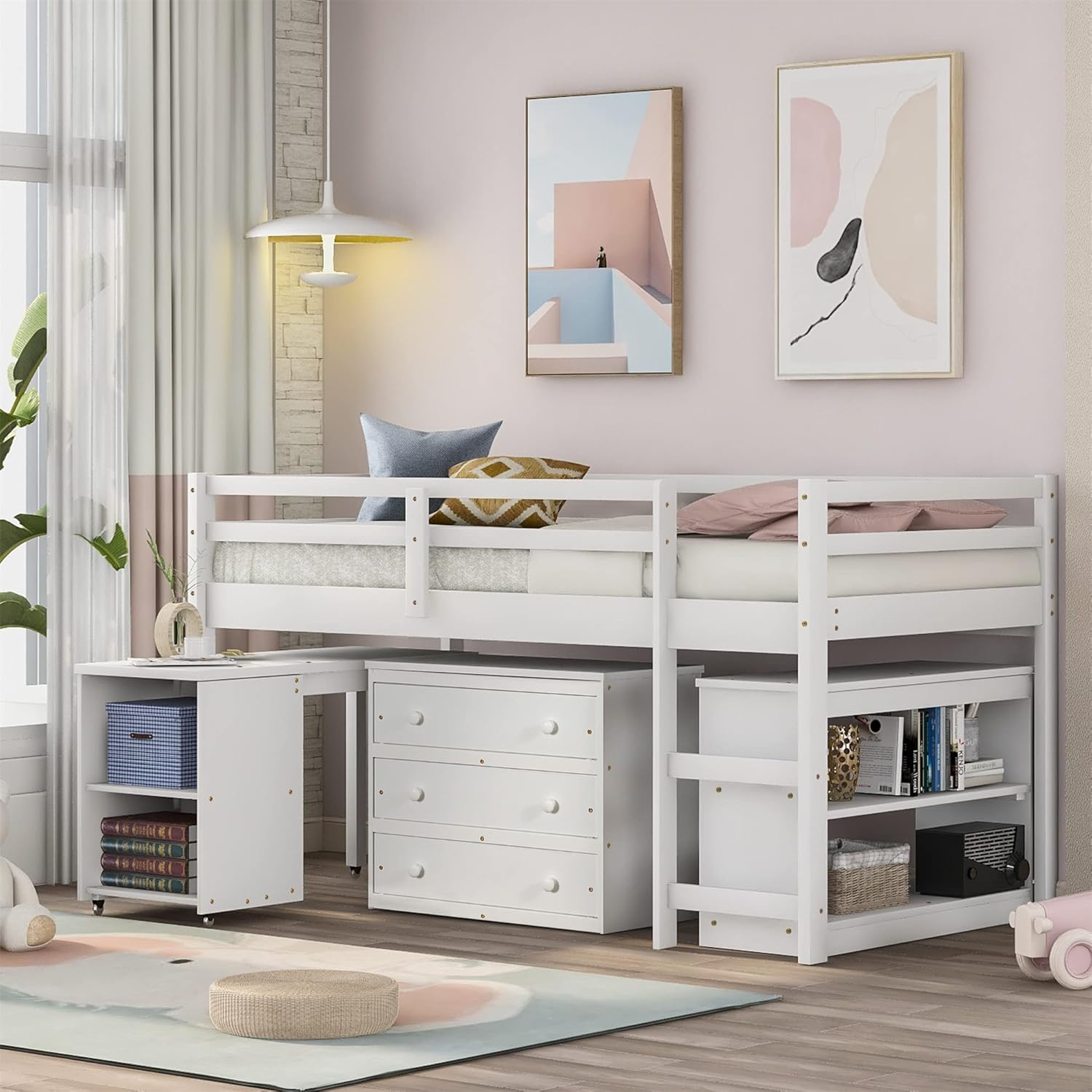 Twin Size Espresso Loft Bed with Desk and Storage Cabinet Q6630