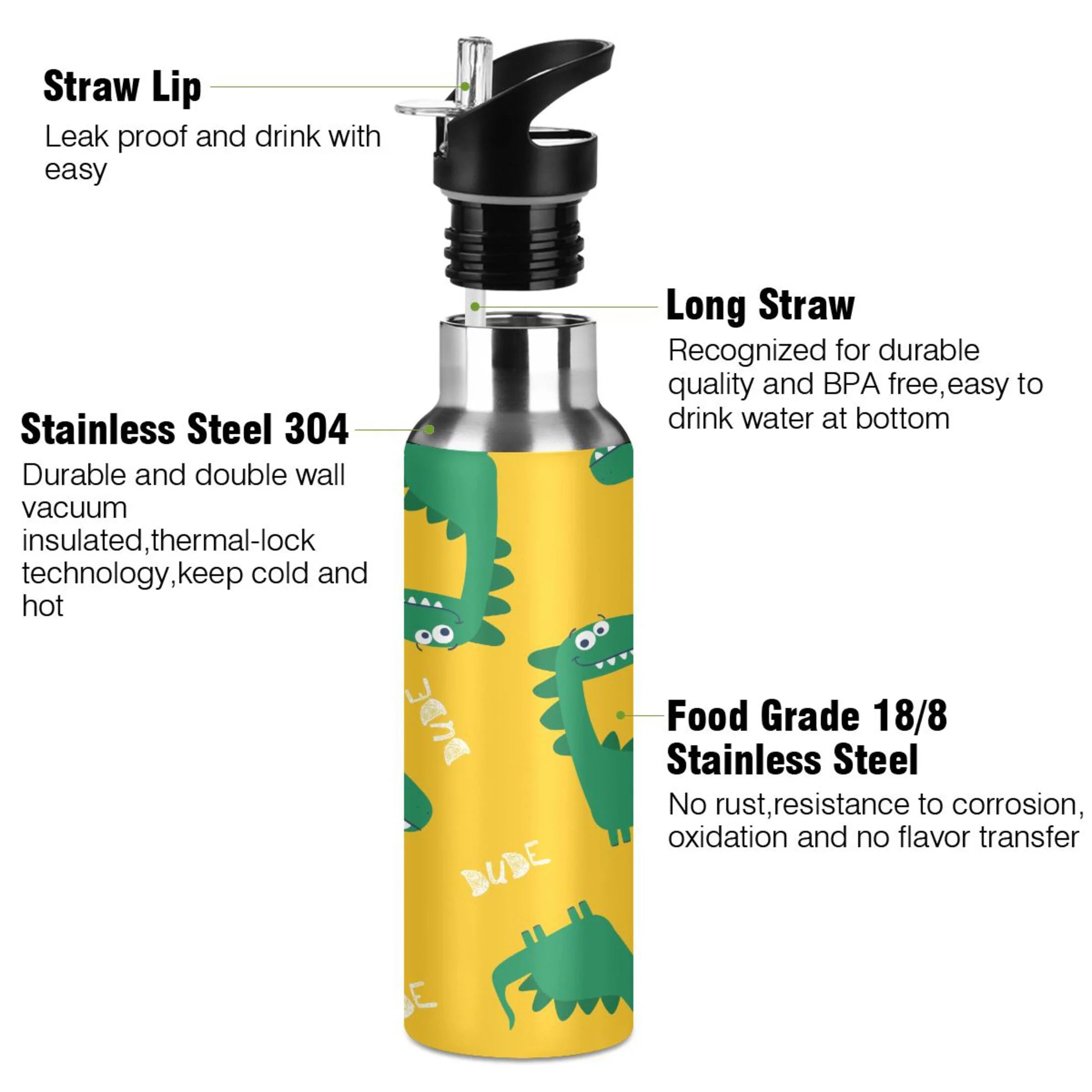Yellow Stainless Steel Insulated Water Bottle with Straw Lid W287909