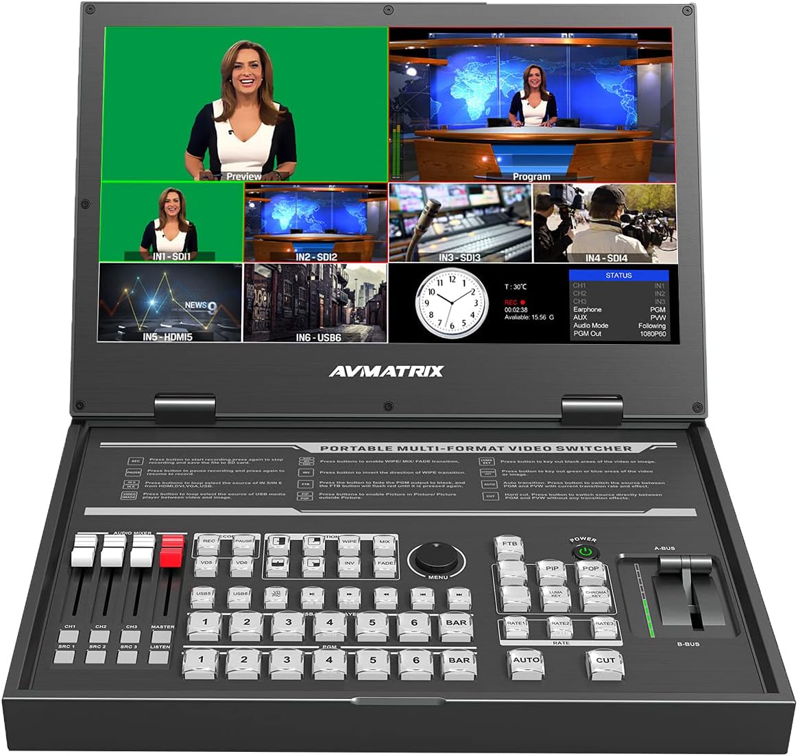 13.3 Portable 6 Channel 4×SDI and 2×HDMI Inputs Multi-Format Streaming Switcher E124