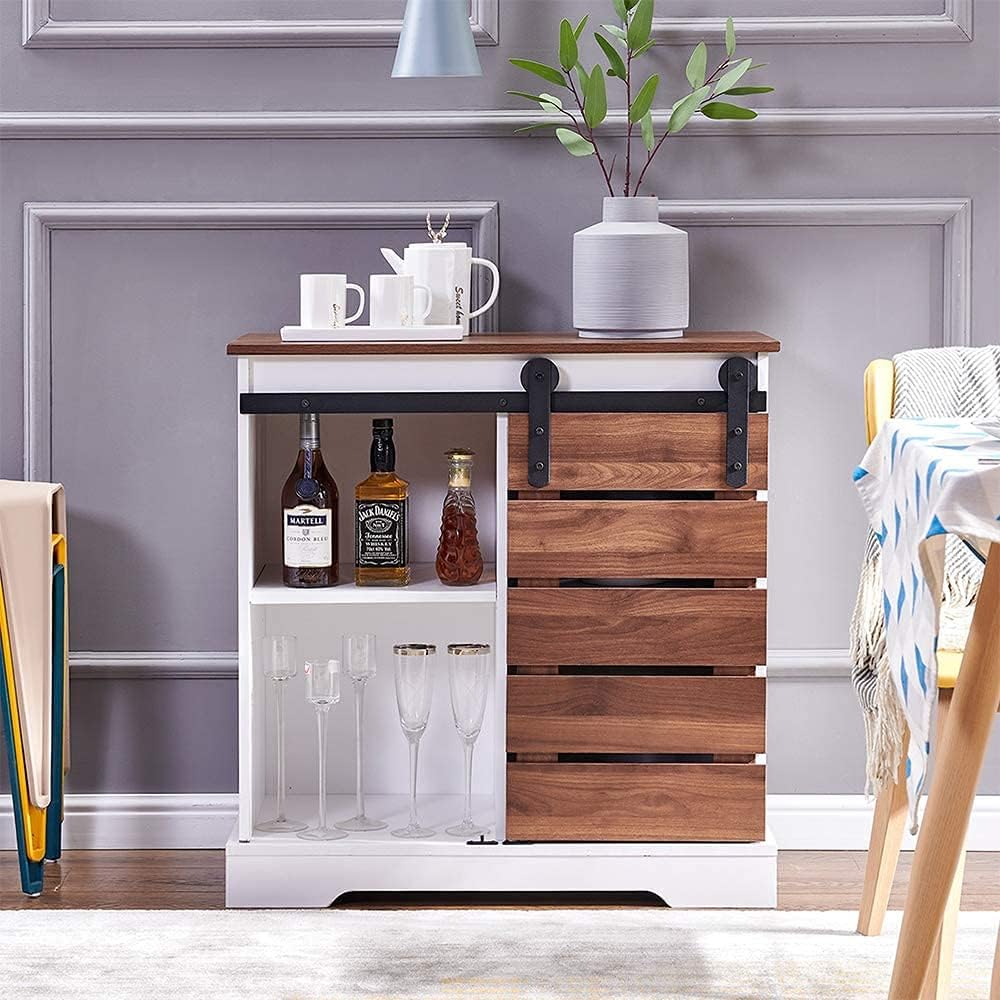Barn Door Storage Cabinet Wooden with Shelves Freestanding Unit K164122