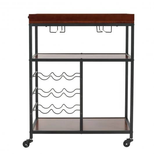 3 Tier Bar Serving Cart with Wine Rack and Glass Holder H694359