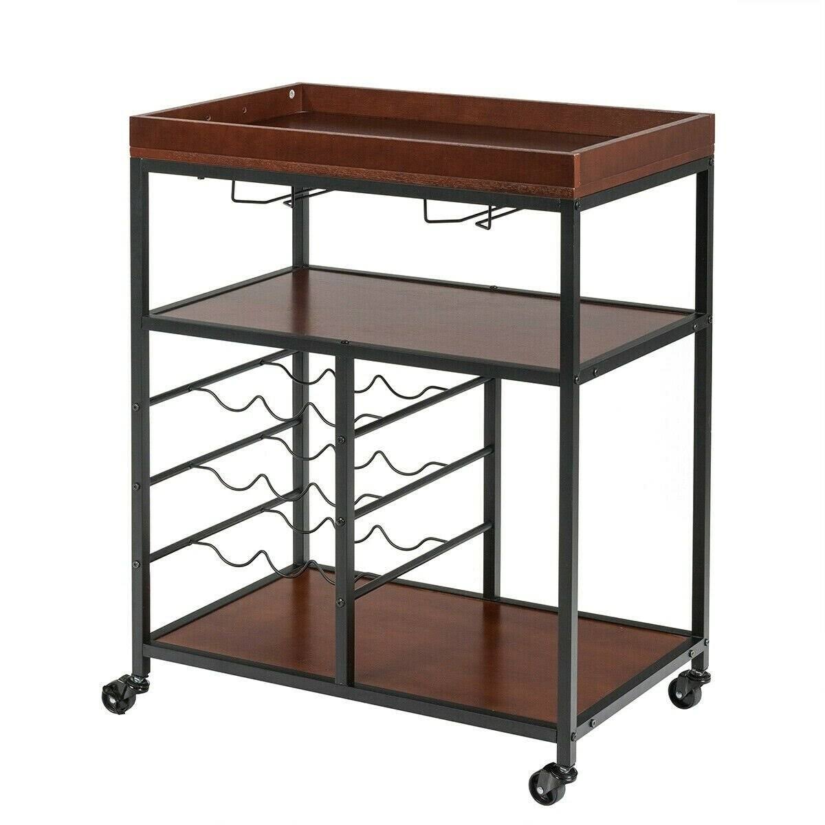 3 Tier Bar Serving Cart with Wine Rack and Glass Holder H694359
