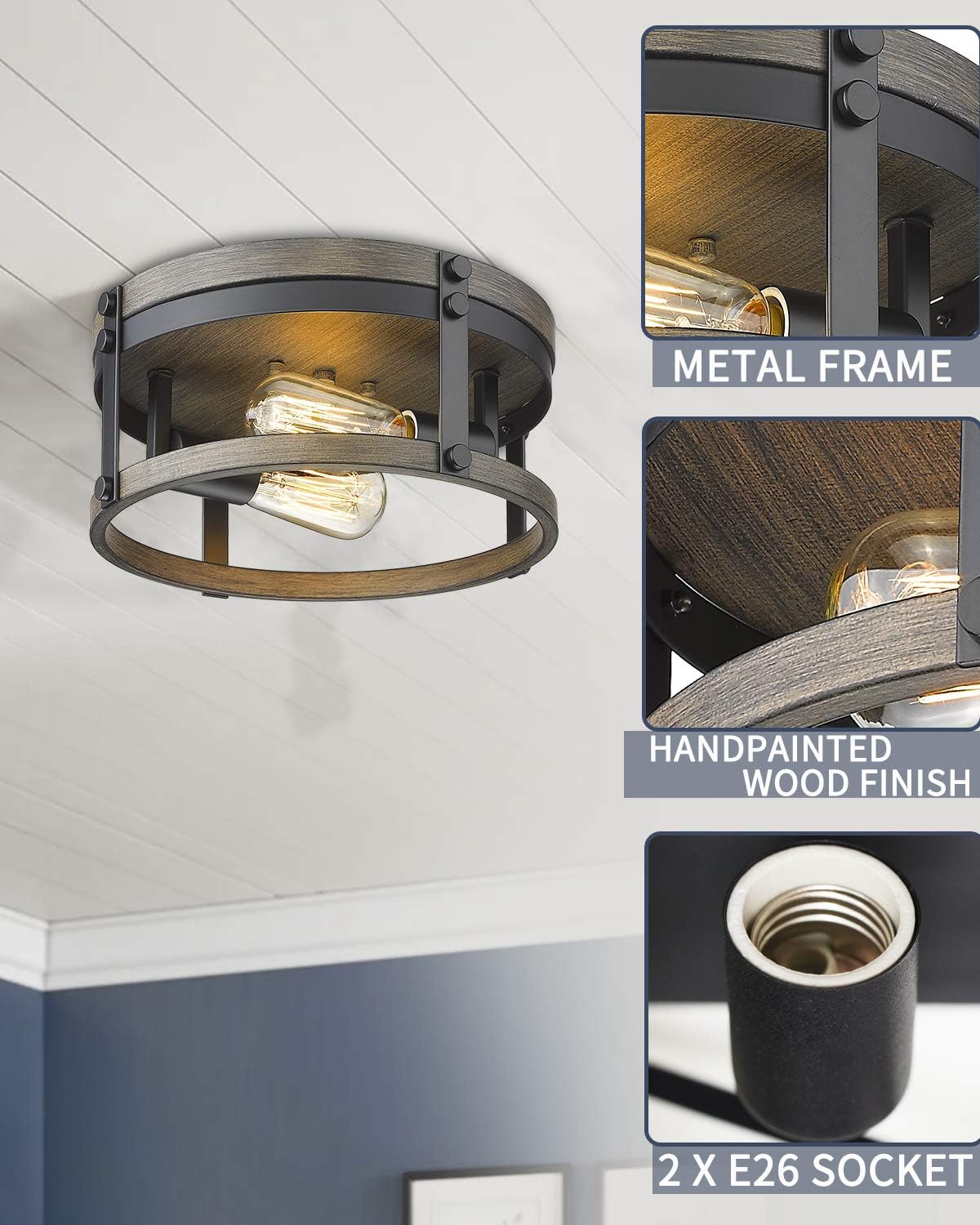 2-Light Farmhouse Flush Mount Ceiling Light, 12 inch, Round Cage, Black & Wood Grain Texture Finish O530
