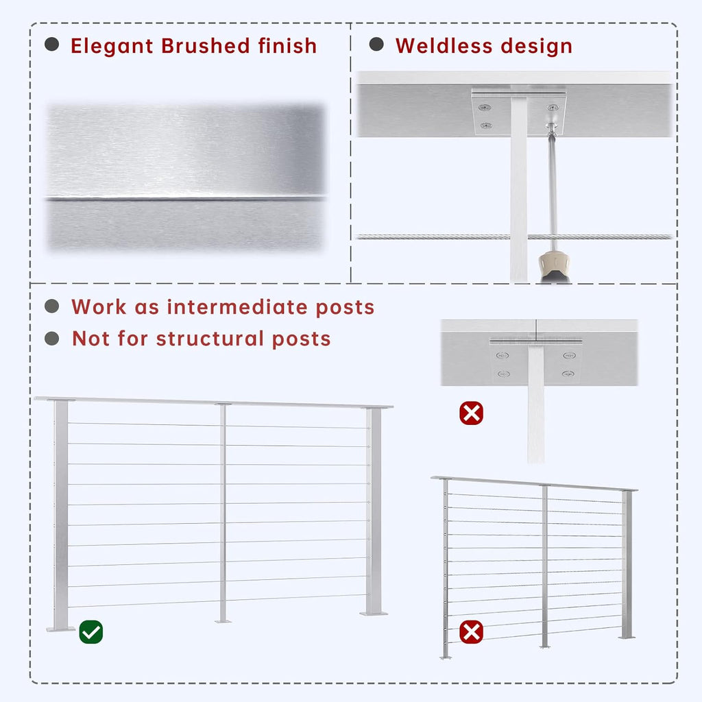 36x3/8x2 Stainless Steel Brushed Pre-Drilled Cable Railing Post H734151