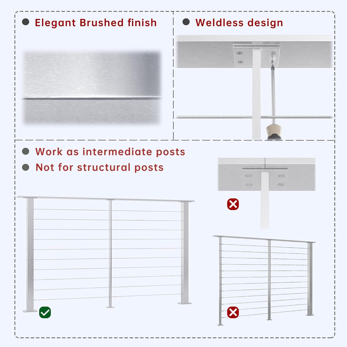 36x3/8x2 Stainless Steel Brushed Pre-Drilled Cable Railing Post H734151
