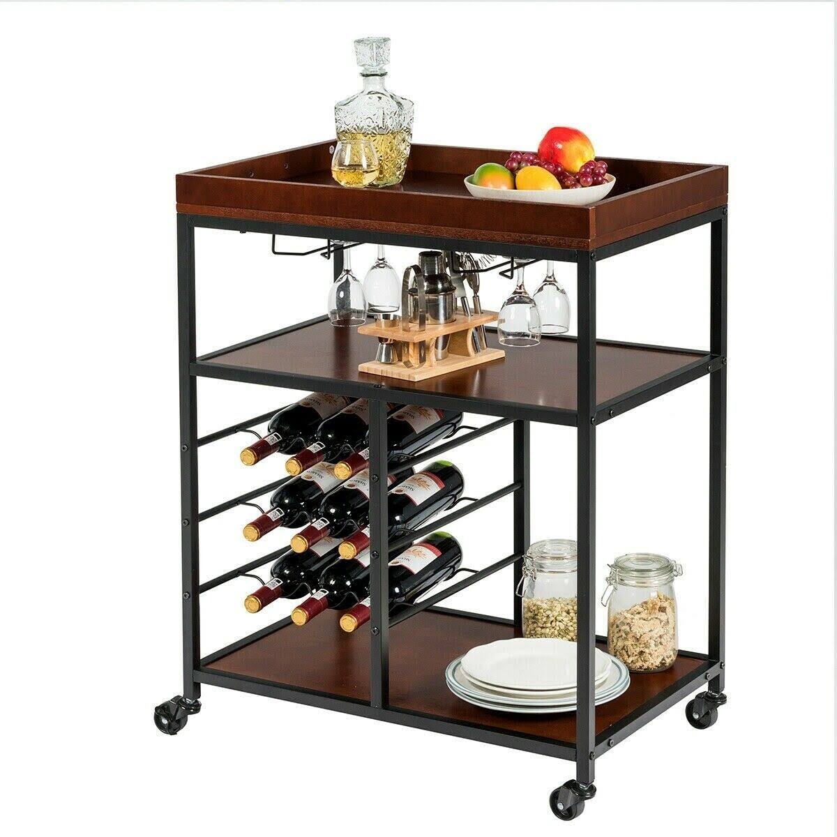 3 Tier Bar Serving Cart with Wine Rack and Glass Holder H694359