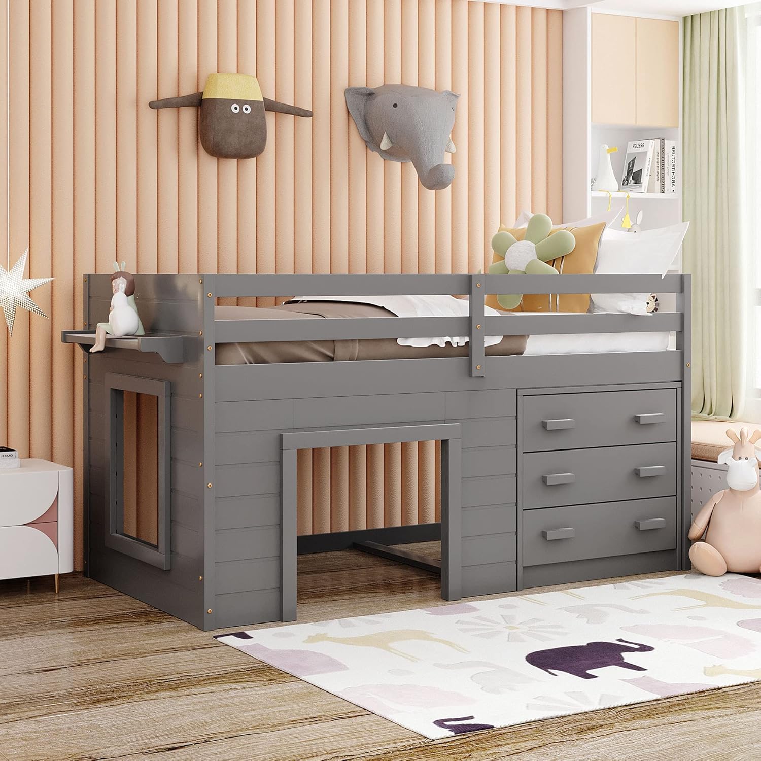 Twin Size Espresso Loft Bed with Desk and Storage Cabinet Q6630