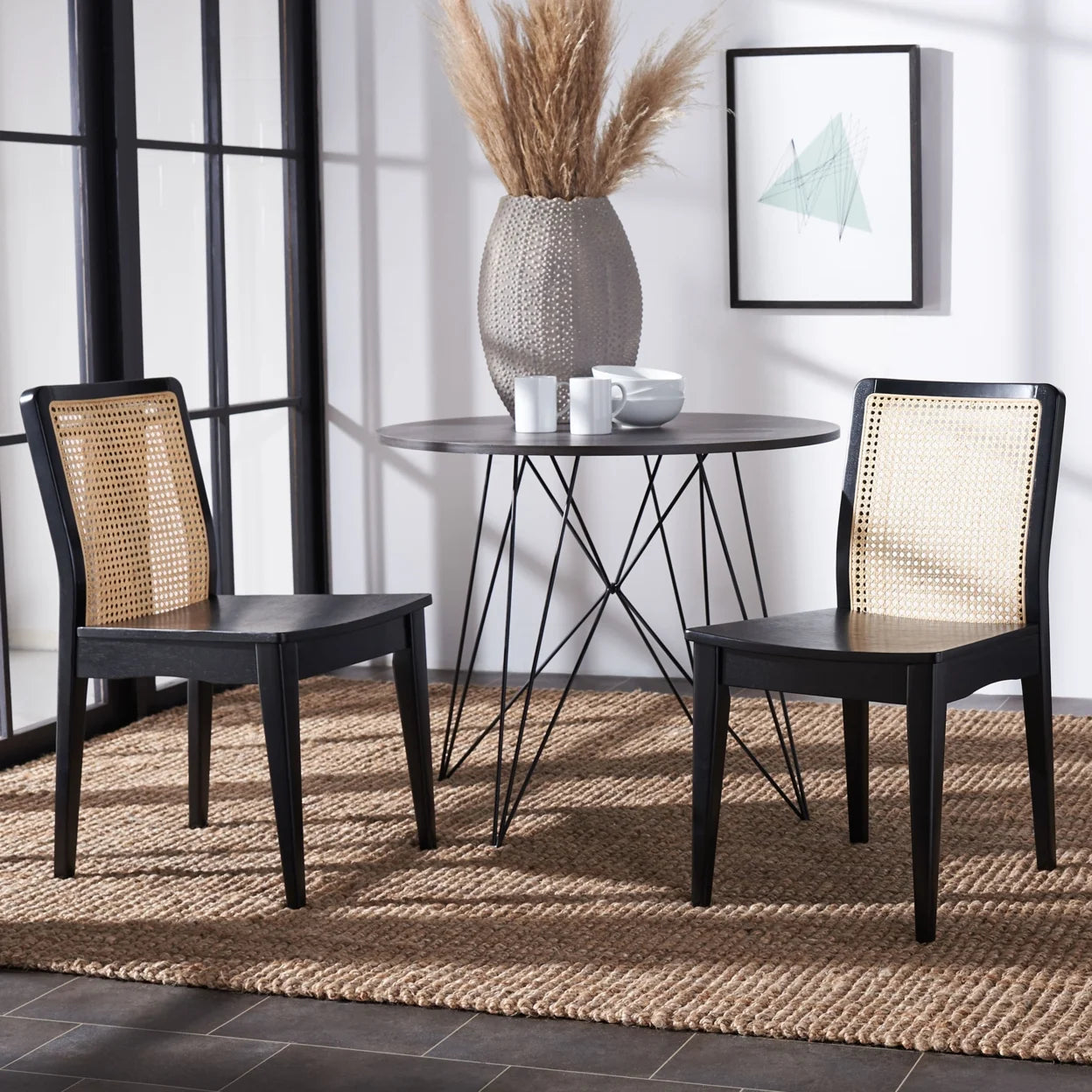 Rattan Dining Chair, Black/Natural, Set of 2 B782