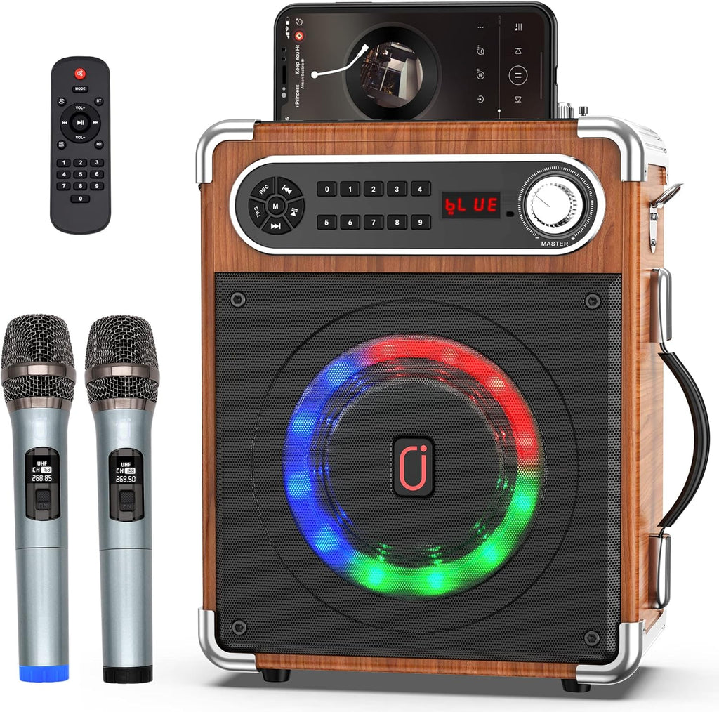 Karaoke Machine with Two Wireless Microphones, Portable Bluetooth Speaker with LED Lights X164