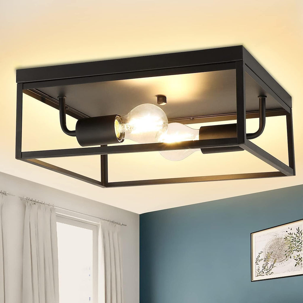 3-Light Industrial Flush Mount Ceiling Light, Matte Black Metal Cage, E26 Base G37488