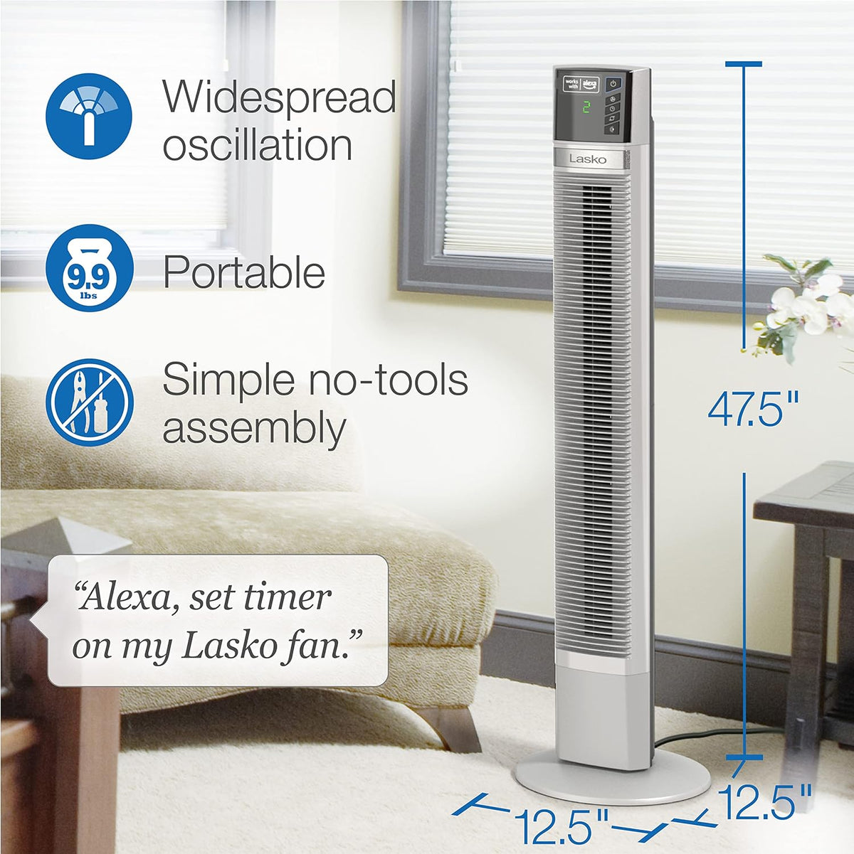 White 48” Oscillating 4-Speed Tower Fan with Timer C191426