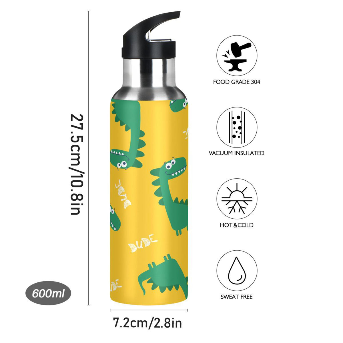 Yellow Stainless Steel Insulated Water Bottle with Straw Lid W287909