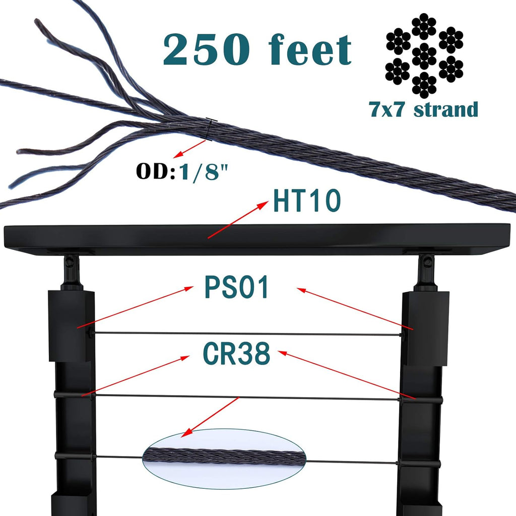 250ft 1/8 Black Wire Rope T316 Stainless Steel Marine Grade 7x7 Strand U775914
