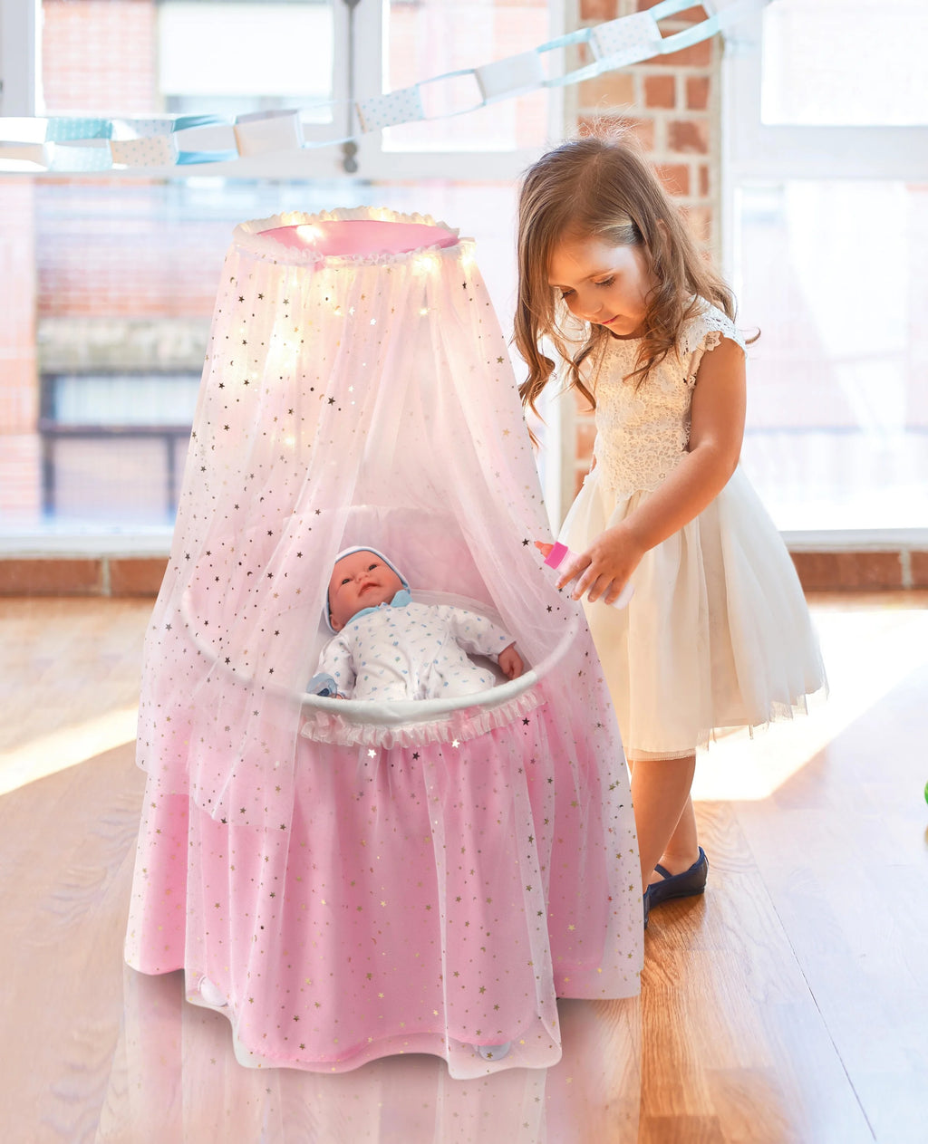 Pink Doll Bassinet with Canopy and Lights for 18 inch Dolls P196