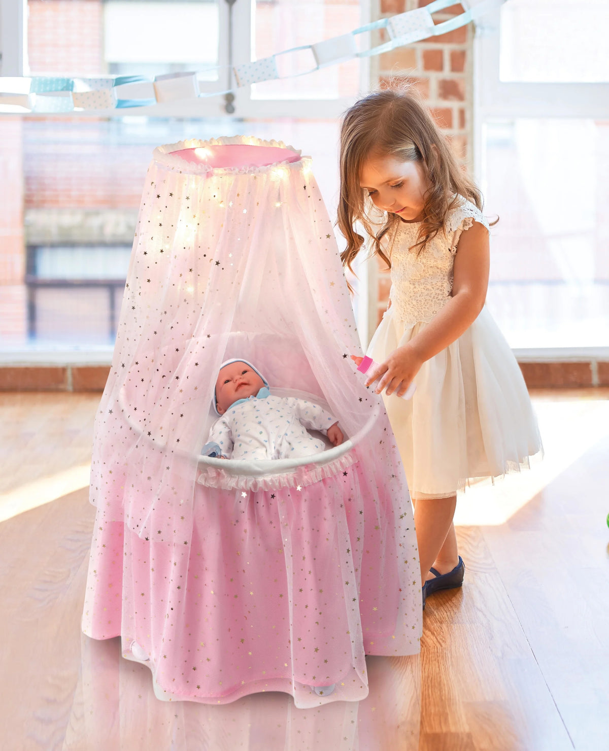 Pink Doll Bassinet with Canopy and Lights for 18 inch Dolls P196