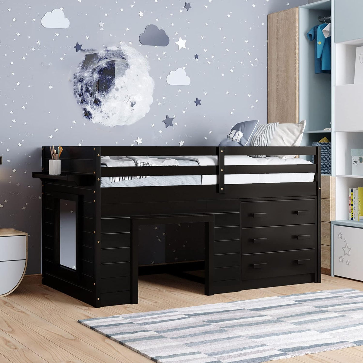 Twin Size Espresso Loft Bed with Desk and Storage Cabinet Q6630