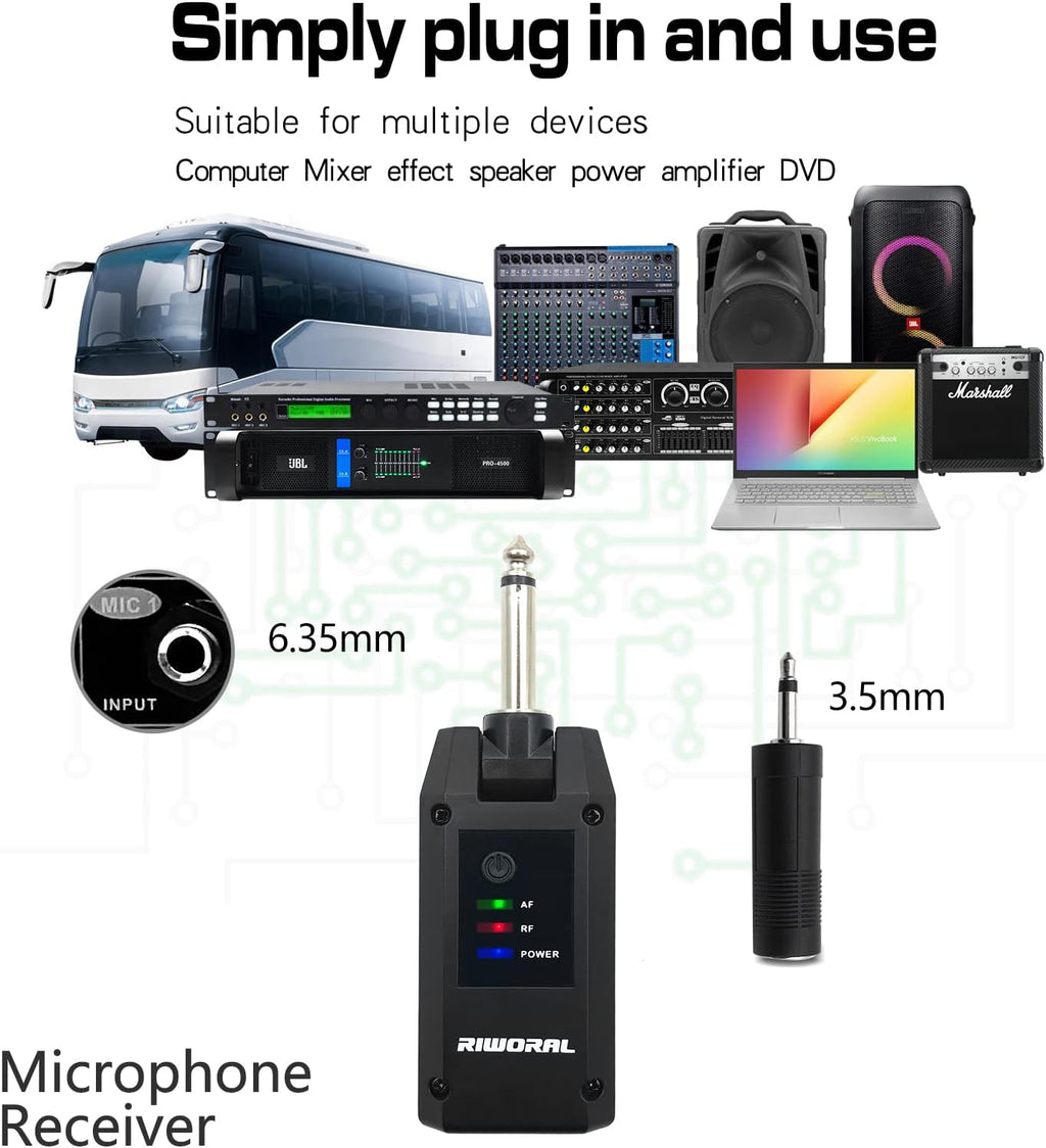 UHF Wireless Microphone System with Lavalier Mic, Headset Mic, Handheld Mic Transmitter & Receiver B195