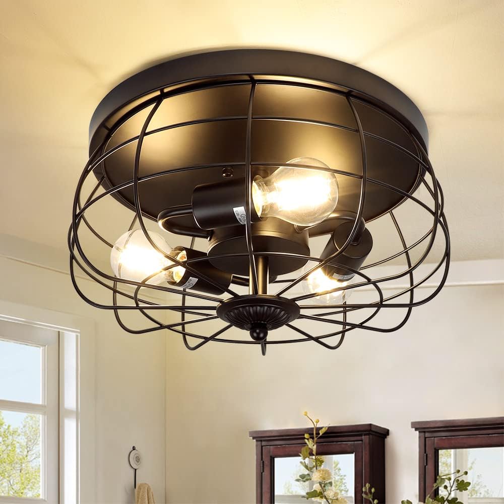 3-Light Industrial Flush Mount Ceiling Light, Matte Black Metal Cage, E26 Base G37488
