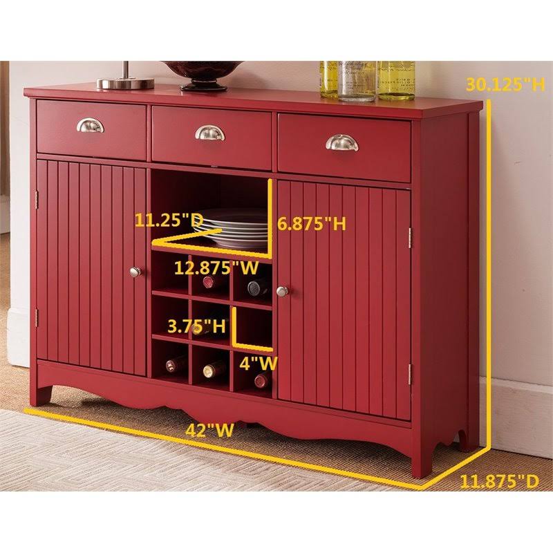 Red Wood Wine Rack Sideboard Buffet Console Table with Storage Drawers, Cabinet Doors N268