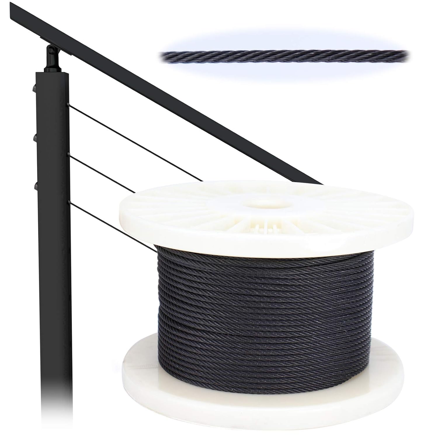 250ft 1/8 Black Wire Rope T316 Stainless Steel Marine Grade 7x7 Strand U775914