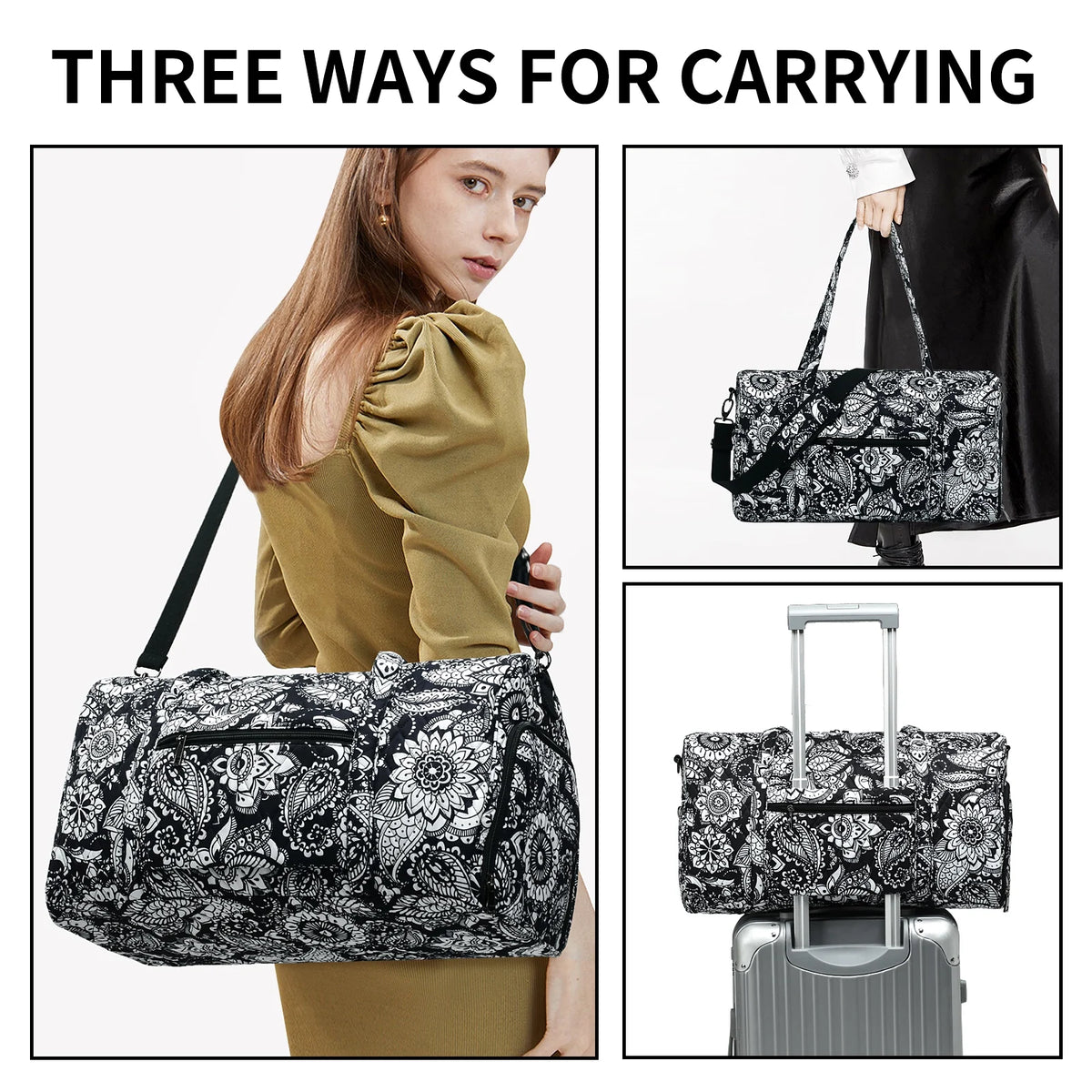 Women Travel Duffle Bag with Shoes Compartment Black White 20 Inch Y52660