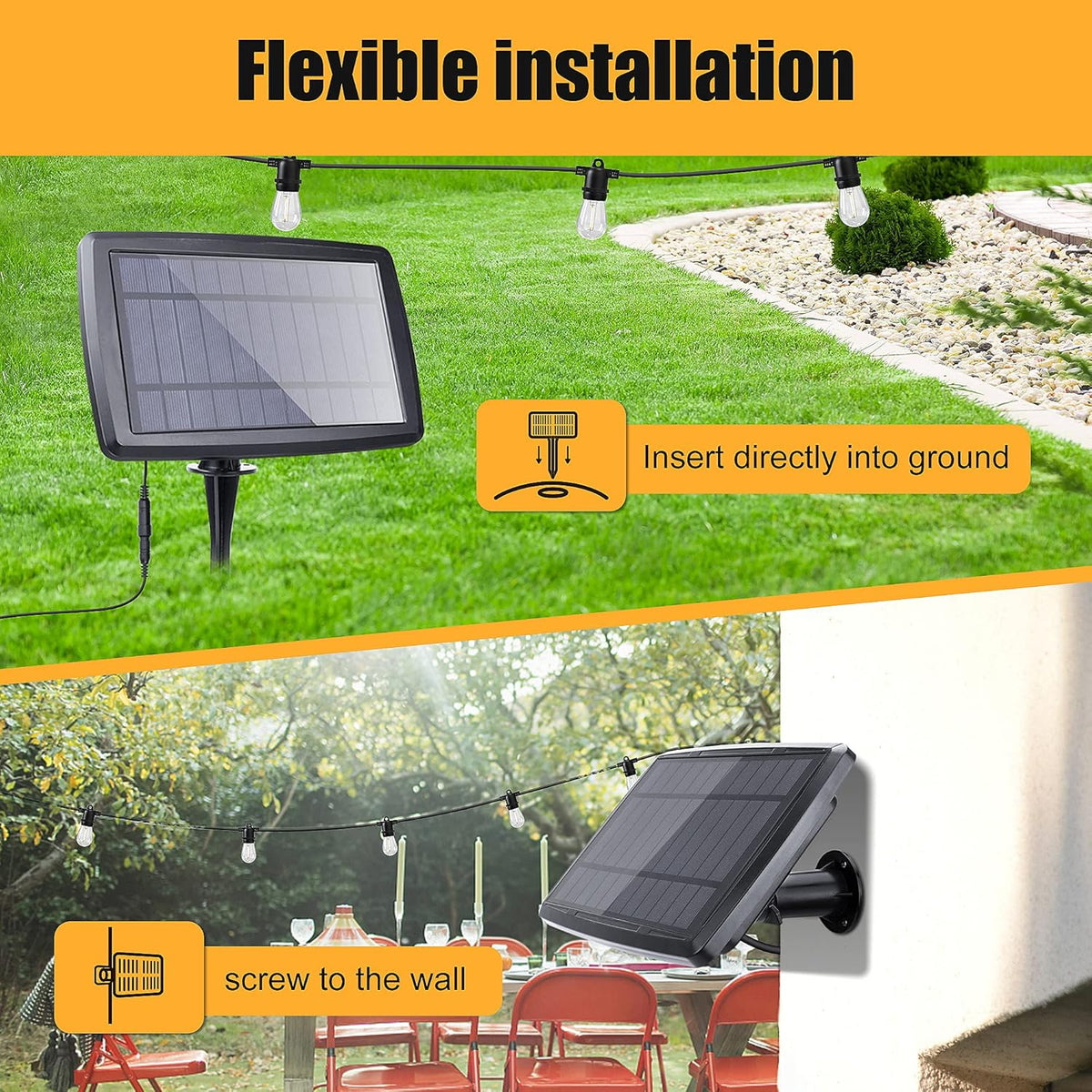 Solar String Lights 15+2 LED Bulbs Waterproof 2700K USB Rechargeable F225649