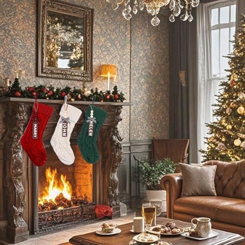Set of 6 White Red Green 18" Cable Knitted Christmas Stockings with Wooden Name Tags D2479