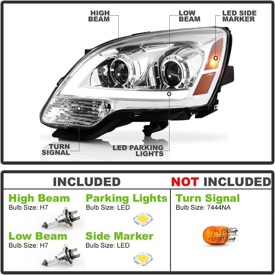Chrome LED Tube Projector Headlights Pair Set E789